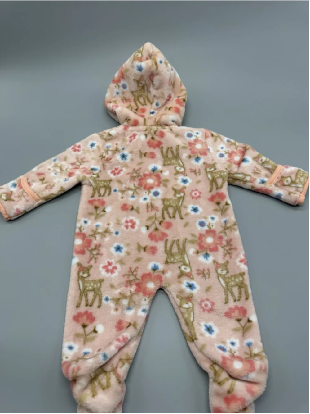 Little Beginnings Pink Floral Deer 0-3 Months Fleece Hooded Footed One-Piece